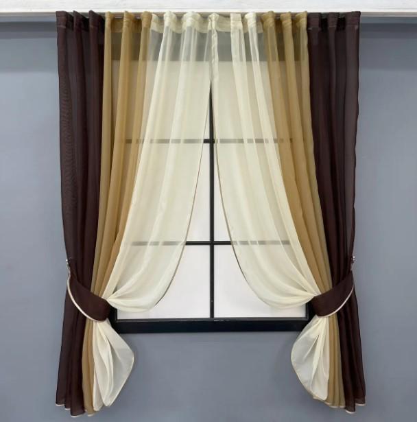 Комплект штор на кухню с подвязками 400х170 см Венге/Кофейный/Бежевый (054к) - фото 1 Комплект штор на кухню с подвязками 400х170 см Венге/Кофейный/Бежевый (054к) - фото 1