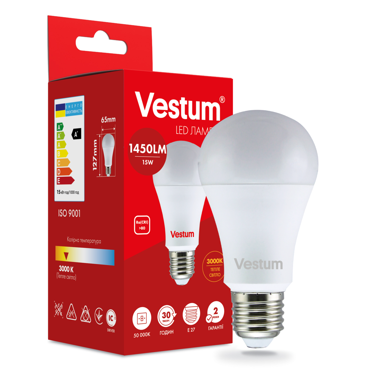 Светодиодная лампа Vestum A65 15W 3000K 220V E27 (1-VS-1102)