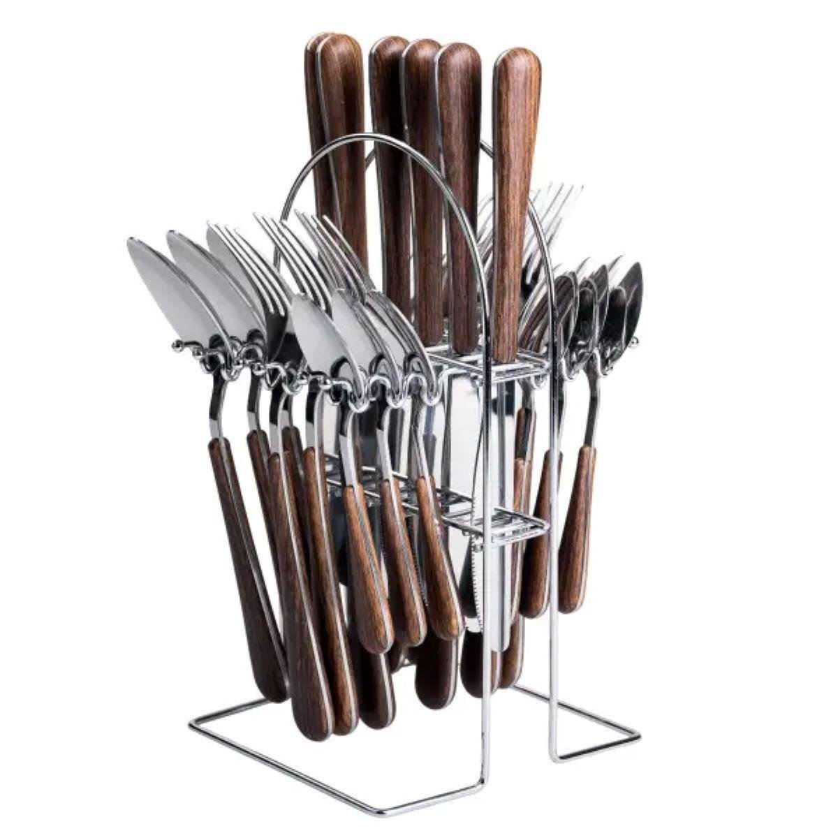 Набір столових приладів із дерев'яними ручками на підставці на 6 персон 24 шт. Срібний (HP-20-1) Набір столових приладів із дерев'яними ручками на підставці на 6 персон 24 шт. Срібний (HP-20-1)