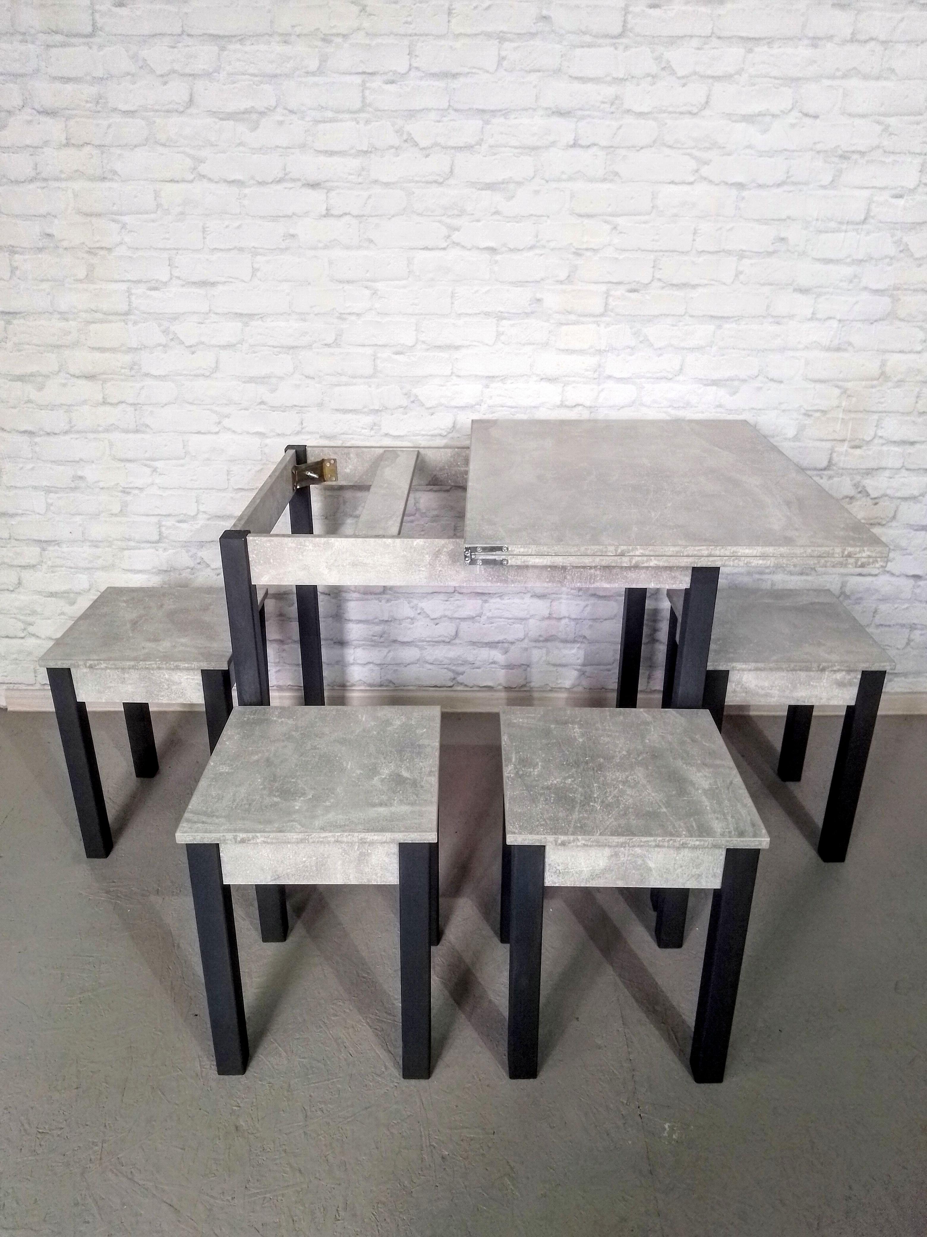 Обеденный стол раскладной и 4 табурета Вента ножки деревянные 80х60х75 см/34х34х45 см Бетон/Графитовый (0017) - фото 3 Обеденный стол раскладной и 4 табурета Вента ножки деревянные 80х60х75 см/34х34х45 см Бетон/Графитовый (0017) - фото 3