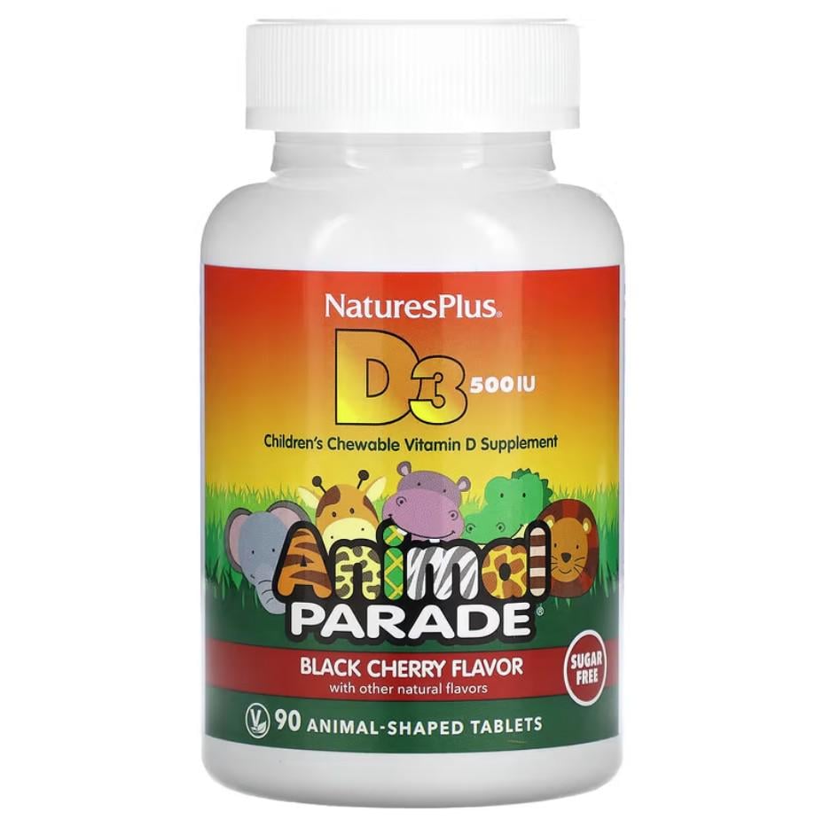 Вітаміни Natures Plus Vitamin D3 Animal Parade Sugar Free Natural Black Cherry 12.5 мкг 500 IU 90 жувальних таблеток