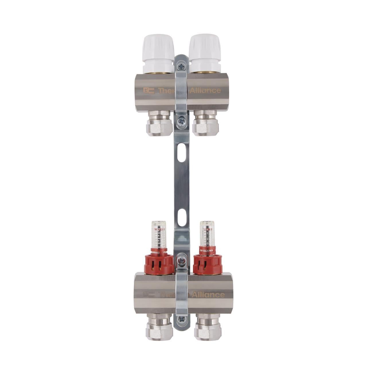 Коллектор латунный с расходомерами и евроконусами Thermo Alliance Standart 1" на 2 выхода TAS235W2E