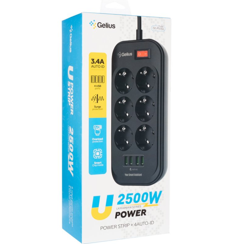 Фільтр мережевий Gelius U-Power GP-PS-002 6 220V Ports/4 USB Ports 3,4A 2 м Black - фото 9 Фільтр мережевий Gelius U-Power GP-PS-002 6 220V Ports/4 USB Ports 3,4A 2 м Black - фото 9