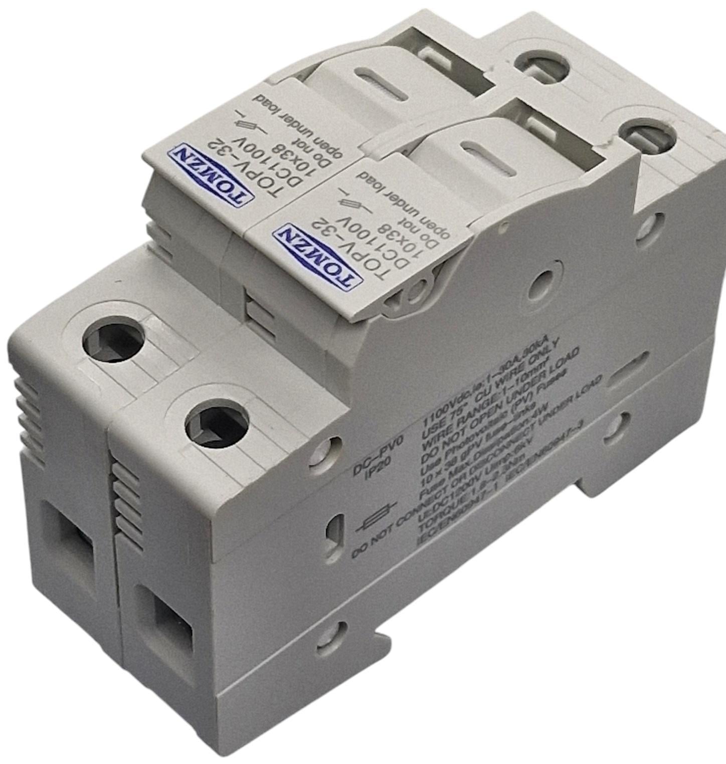 Держатель предохранителя TOMZN +2 6 А DC до 1000V 2Р двухполюсный для солнечных панелей PV gPV TOPV-32 на DIN рейку 10x38 мм (94035687)