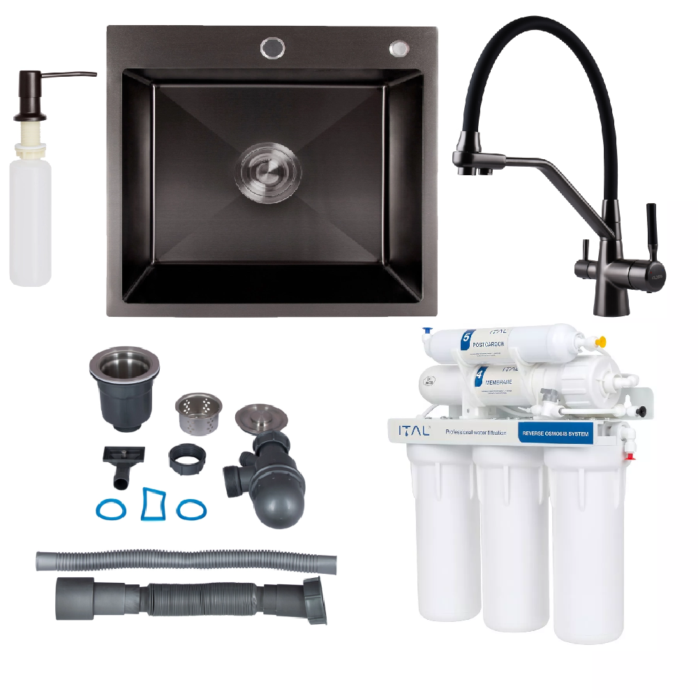 Мийка для кухні із змішувачем під осмос з дозатором із системою очищення води 60х50 см Чорний (8006050IT)