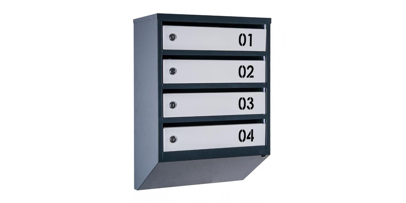Почтовый ящик многосекционный Галиндустрия ЯП-04-В из металла на 4 квартиры с номером 390x550x200 мм Антрацитово-серый (124-119-000004160)