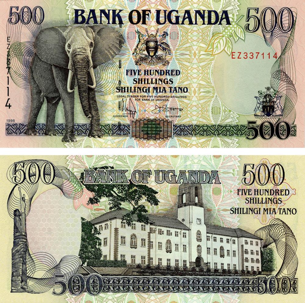 Коллекционная банкнота Уганда 500 шиллингов 1998 UNC Слон (P35b)