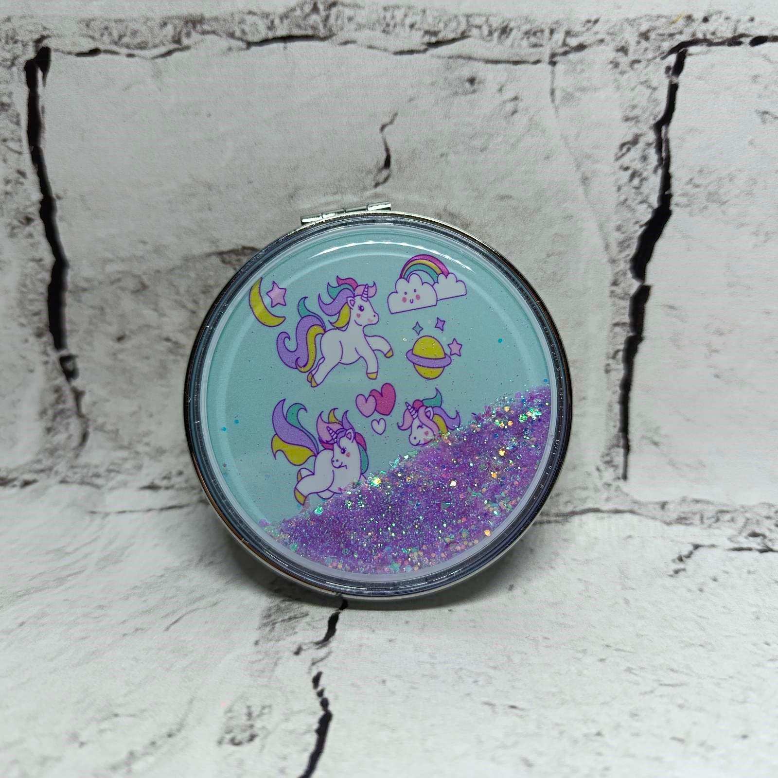 Дзеркало кишенькове косметичне Єдиноріг рідкі блискітки 7х7 см (А20-7)
