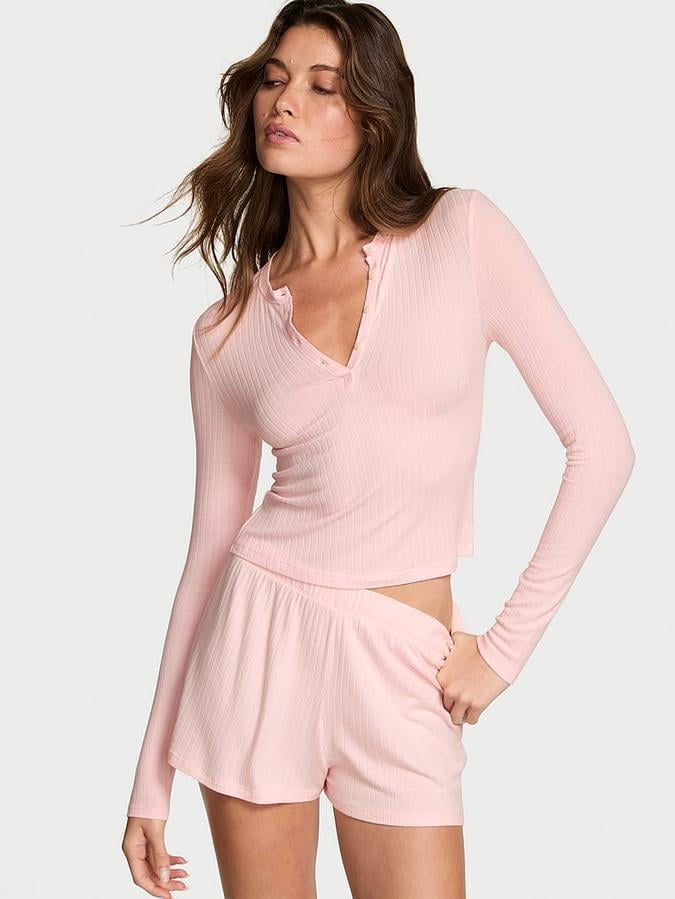 Піжама жіноча Victoria's Secret Modal Wide-Rib Long-Sleeve Short Lounge Set M Рожевий (3019543710)