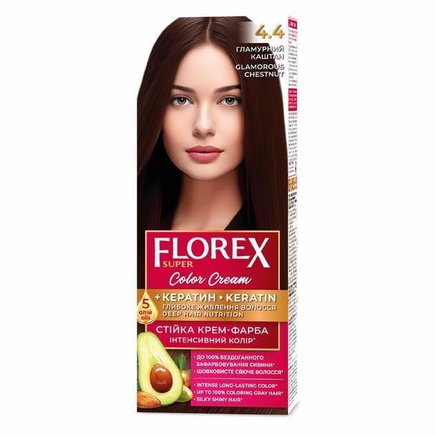 Крем-фарба для волосся стійка Florex кератин 4.4 120 мл Гламурний каштан