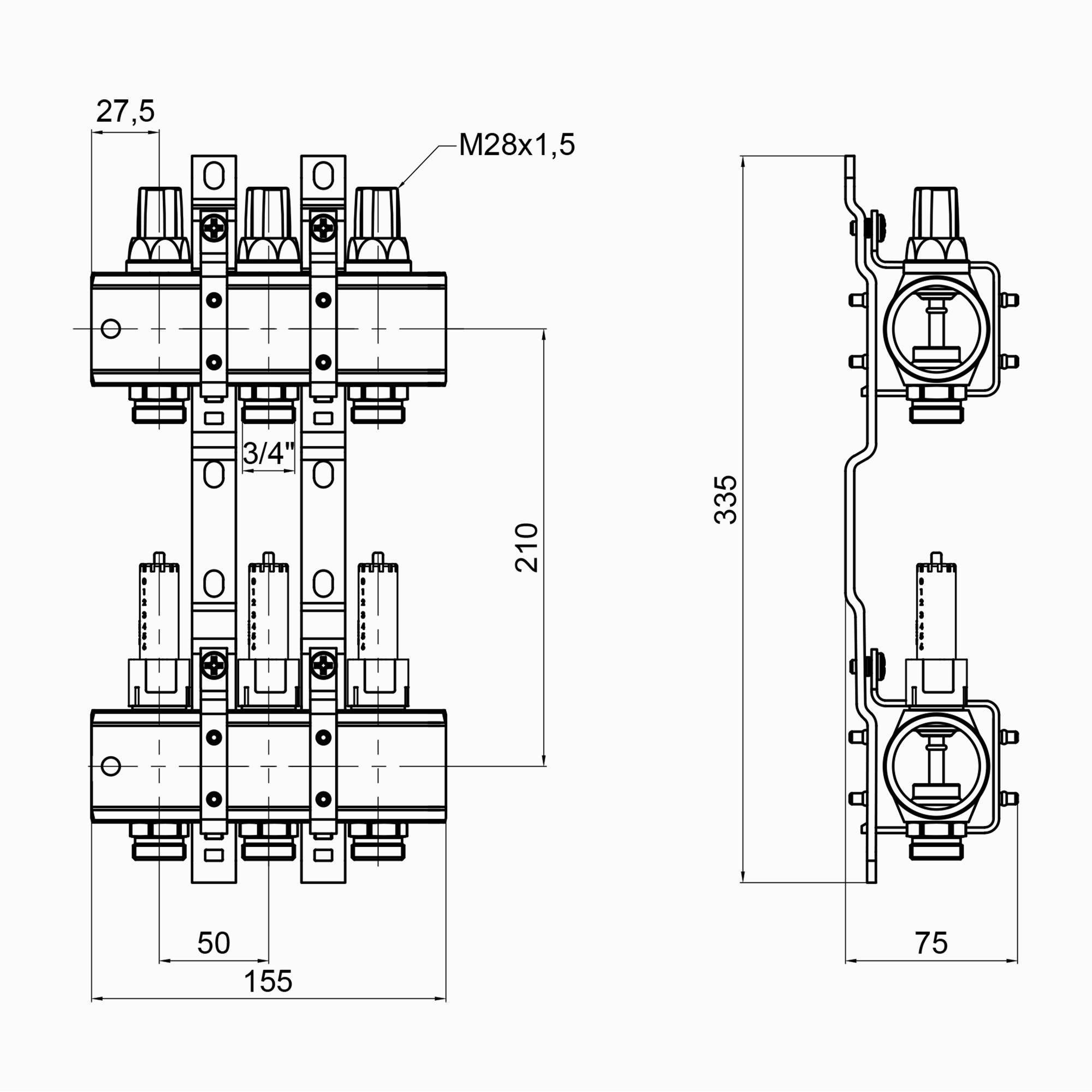 Коллектор для теплого пола ICMA 87K013PH06 3 контура с расходомерами 1"/3/4" (78710) - фото 2