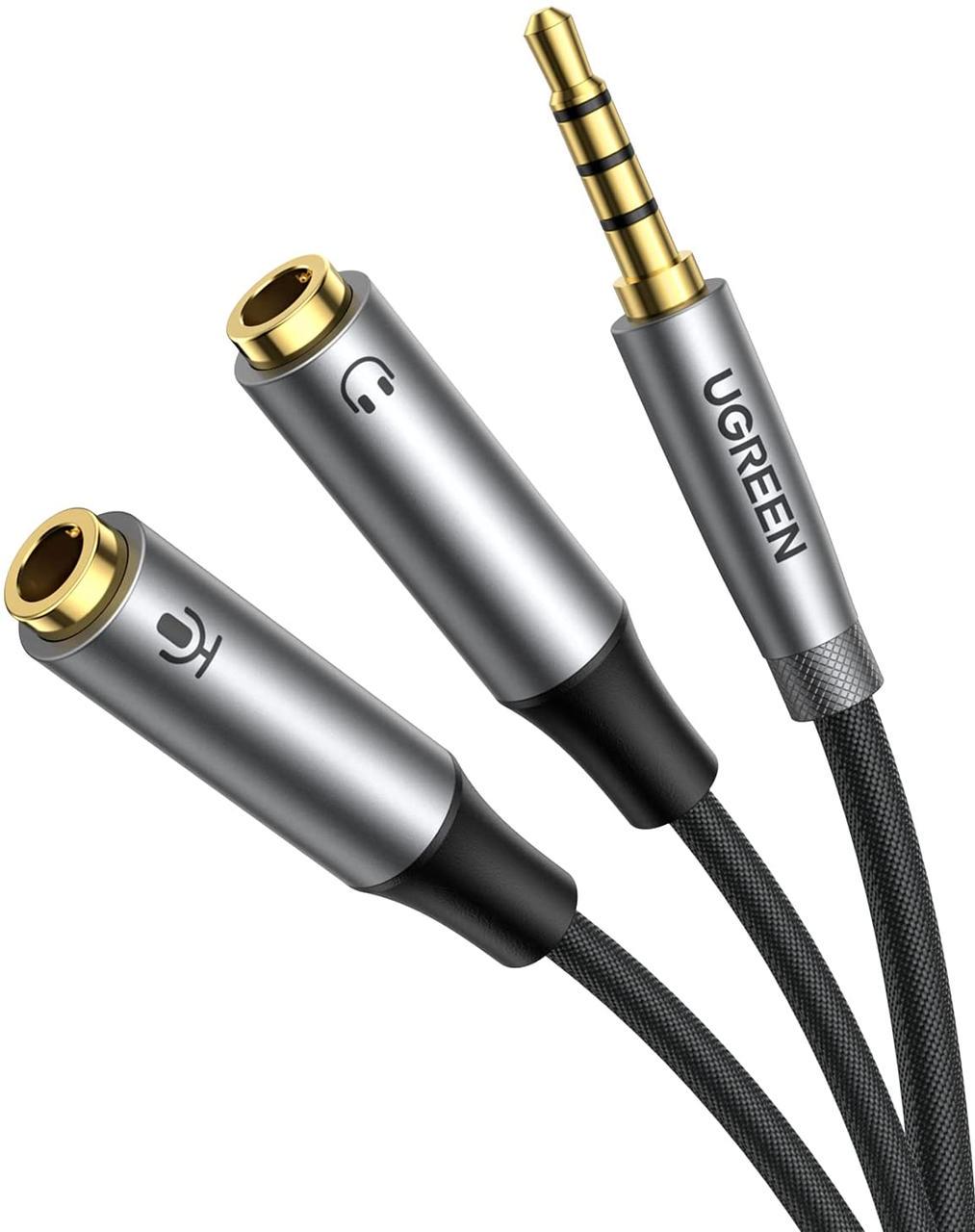 Сплиттер UGREEN переходник-разветвитель 3,5 мм AM to 3,5 мм 2 AF с нейлоновой оплеткой 20 см Metal Black (AV192)