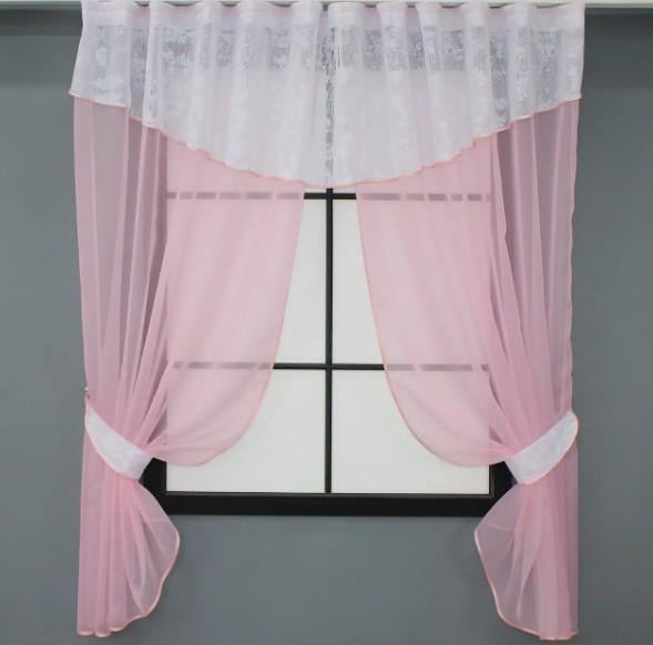 Шторки на кухню с ламбрекеном 270х170 см Розовый/Белый (084к)