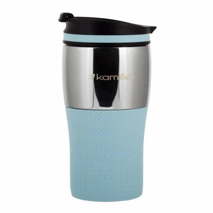 Термокухоль із силіконовою TPR-вставкою Kamille KM-2155 із нержавіючої сталі 320 мл Сталевий/Блакитний (150-84-2155.3) - фото 1 Термокухоль із силіконовою TPR-вставкою Kamille KM-2155 із нержавіючої сталі 320 мл Сталевий/Блакитний (150-84-2155.3) - фото 1