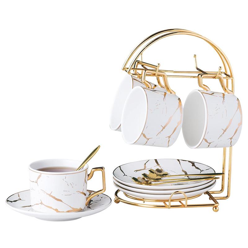 Сервиз чайный подарочный Lesko Мраморная роскошь чашки 4 шт./блюдца 4 шт./ложки 4 шт. с подставкой White (28525228)