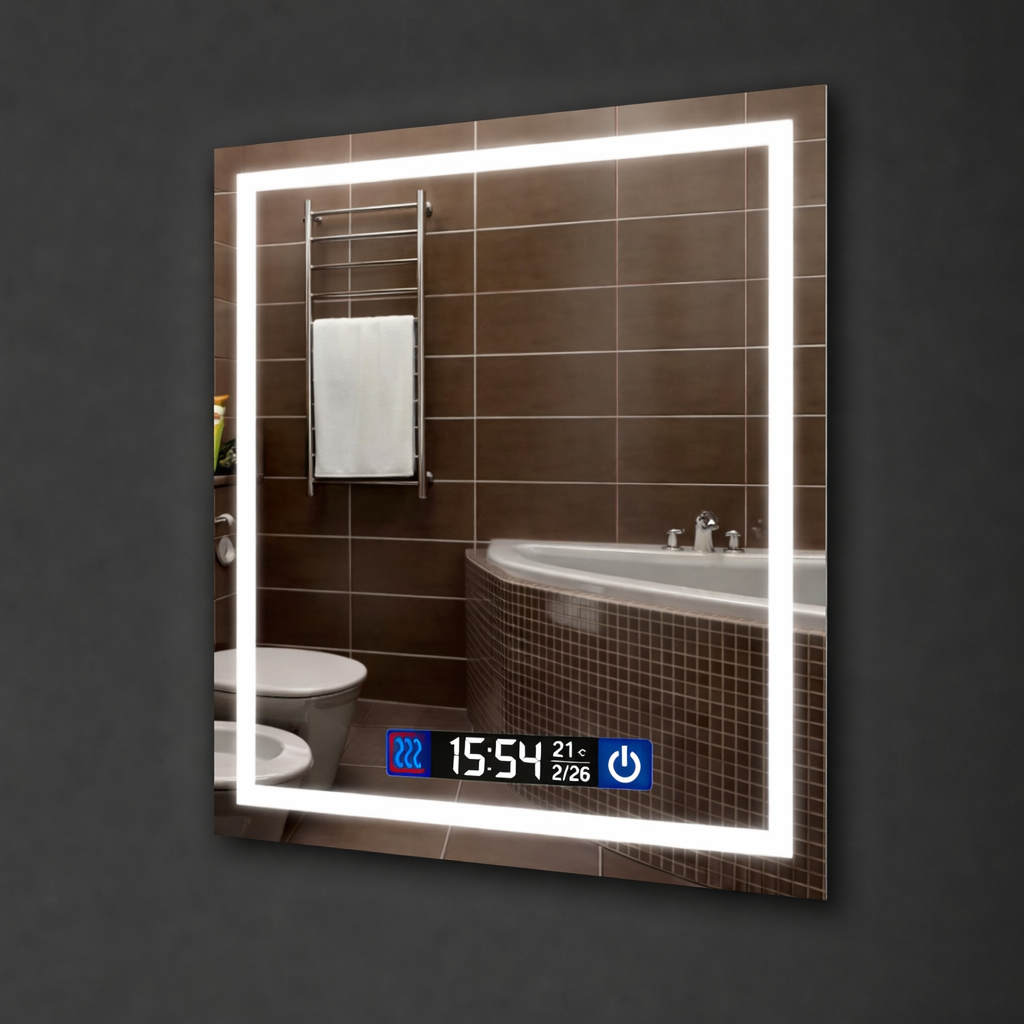 Зеркало прямоугольное с фронтальной LED подсветкой ML-09 70x90 см/Smart-дисплеем часы/температура и подогревом антизапотевания