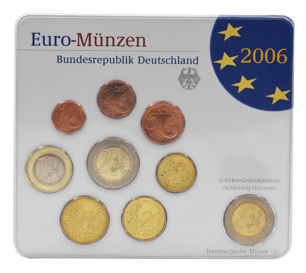 Коллекционные монеты Германия набор из 9 монет евро 2006 UNC J 1/2/5/10/20/50 евроцентов 1/2 евро/памятная 2 евро Блистер (М23503)