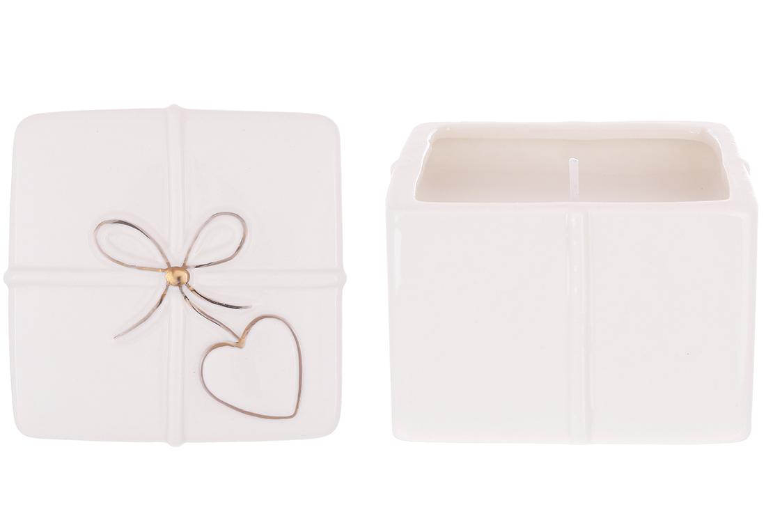 Подсвечник фарфоровый BonaDi в форме подарка с золотым бантом с восковой свечой 8х7,5 см (727-558)