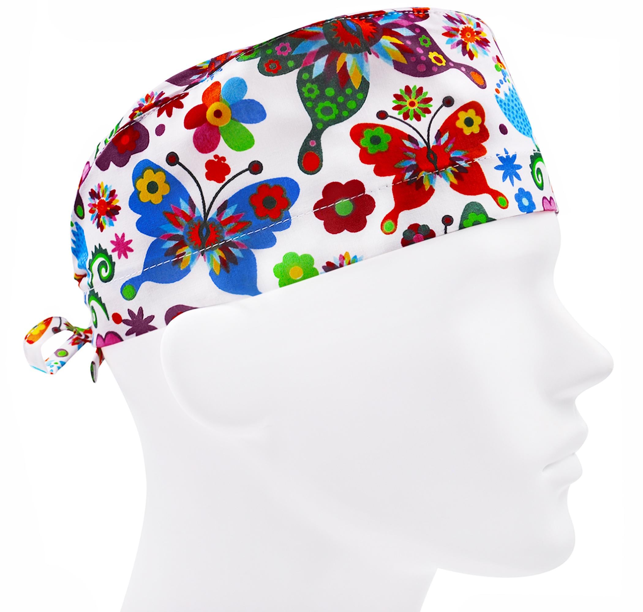 Шапочка медична чоловіча FloralScrubs Метелики на білому універсальна (М037)