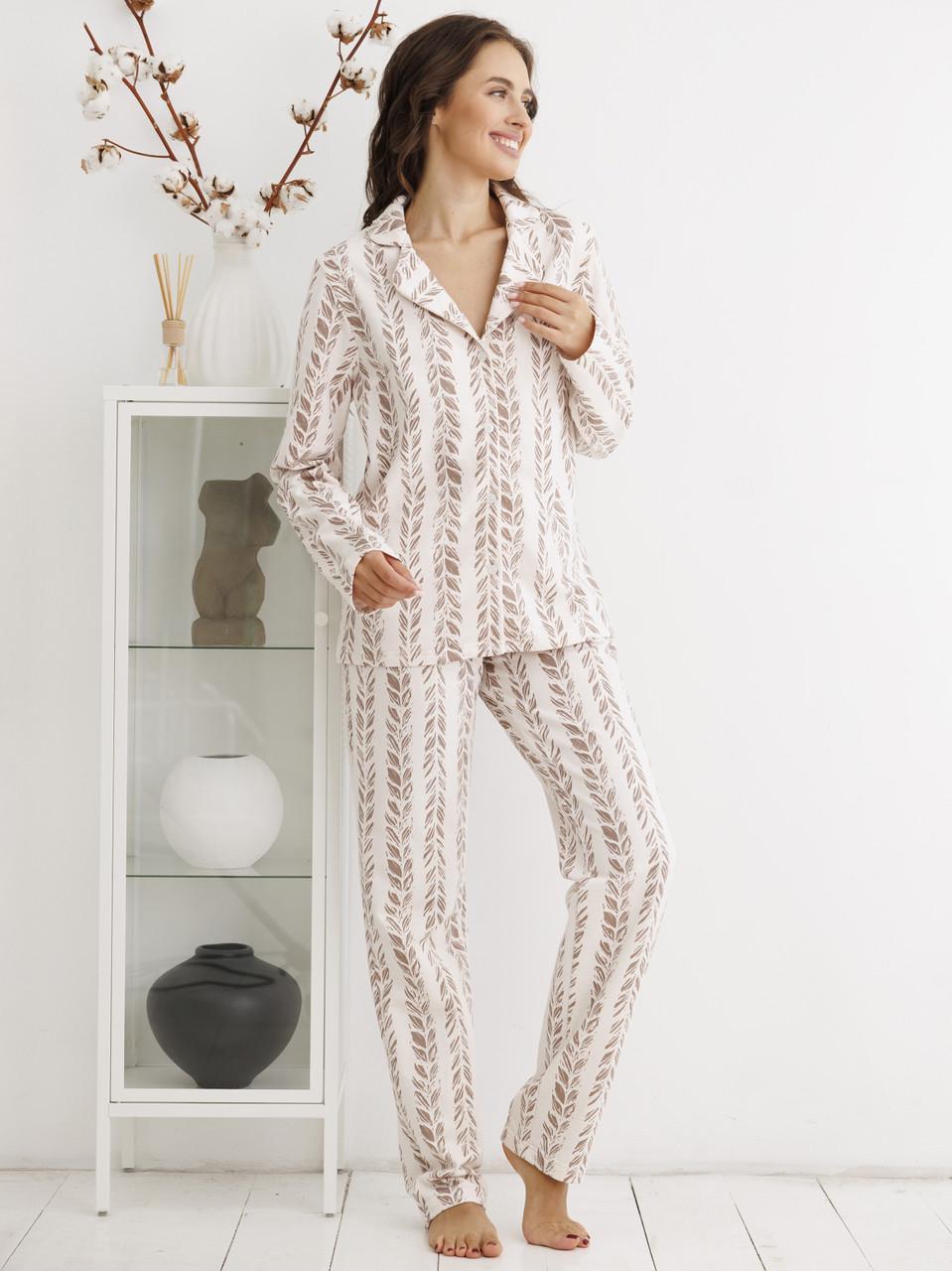 Піжама жіноча Roksana сорочка вільного крою/штани байкова з принтом XXL Бежевий (1826/30019)