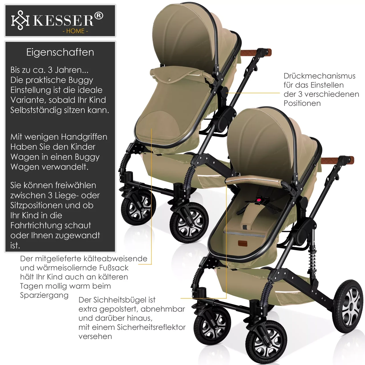 Коляска дитяча з автокріслом KESSER 3в1 94x64x119 см Бежевий/Чорний - фото 4