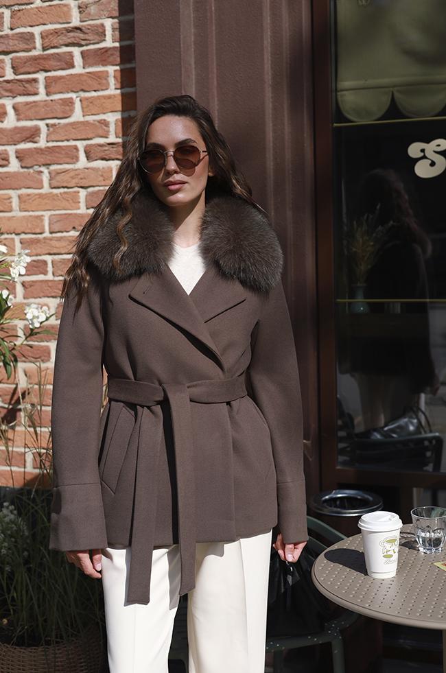 Пальто Lipar укороченное со съемным мехом р. 50 Шоколад (6317)