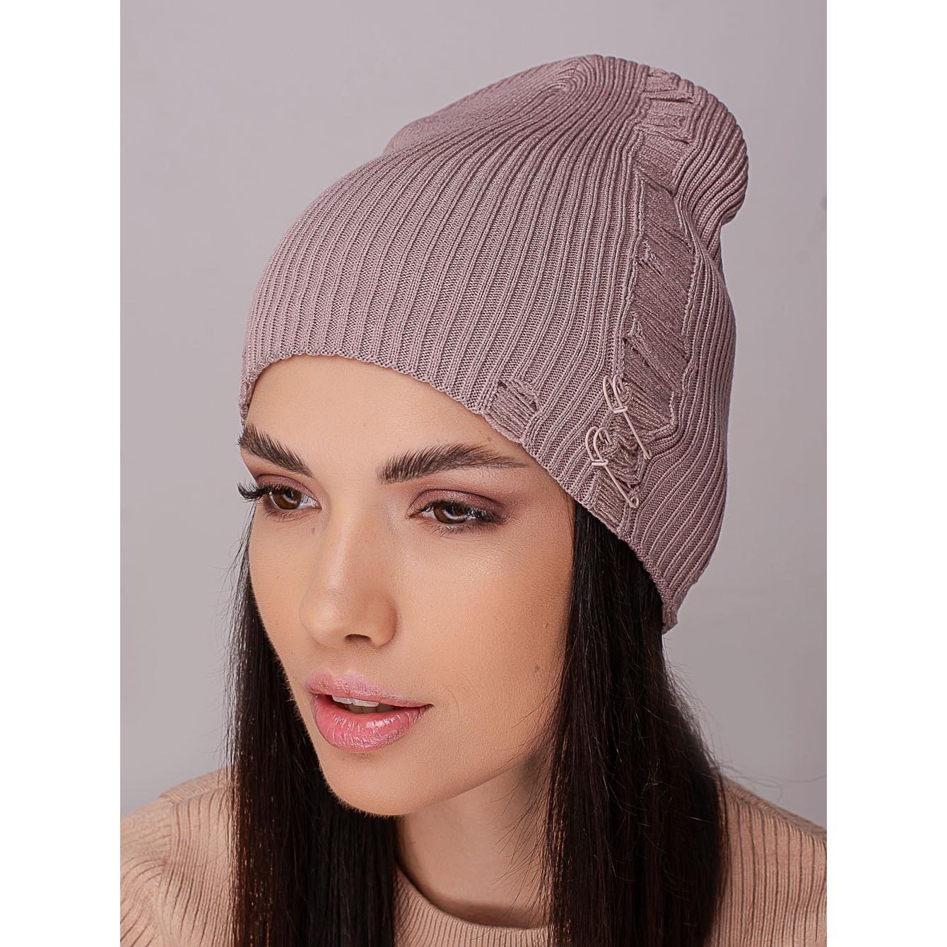 Шапка женская Leks ЧИКАГО без отворота двойная рваная со шпильками в рубчик one size Темно-пудровый (215411) - фото 1
