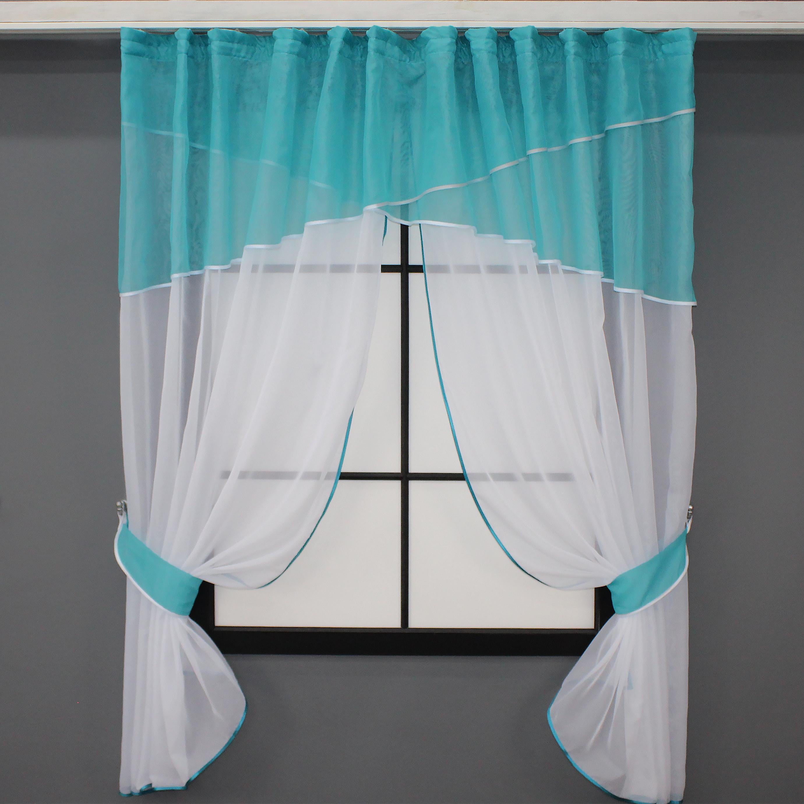 Шторы кухонные VR-Textil № 091к с ламбрекеном и подвязками 280х170 см Лазурный/Белый (50-374)