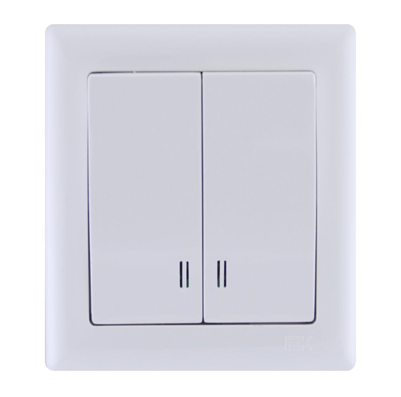 Вимикач УЄК BOLERO ВК02-01-0-ББ 2-клавішний з підсвічуванням Білий (EVB21-K01-10)