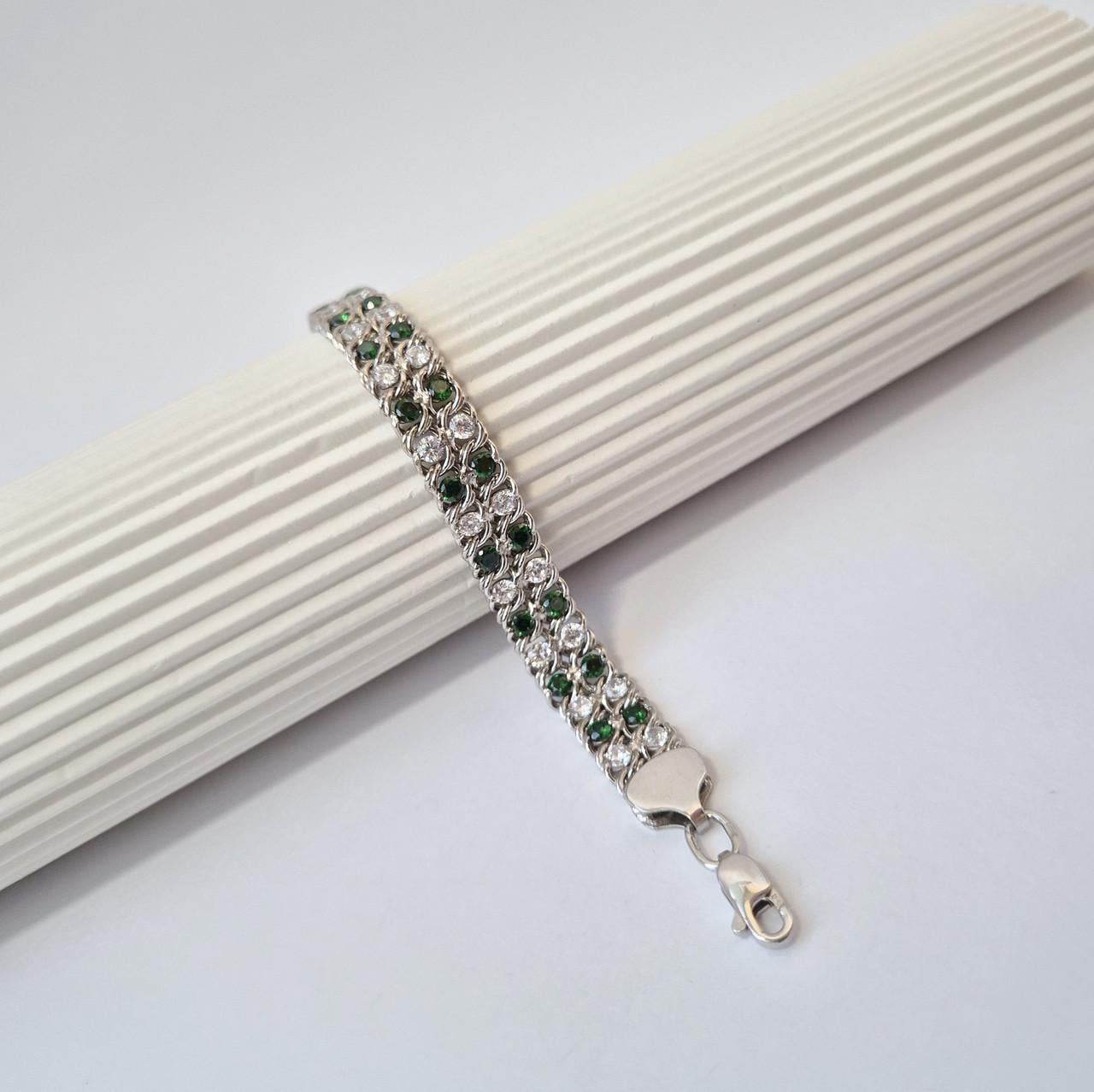 Серебряный браслет Арабка с камнями 17,5-19,5 см серебро 925 пробы 16,88 г Зеленый/Белый (6035р)