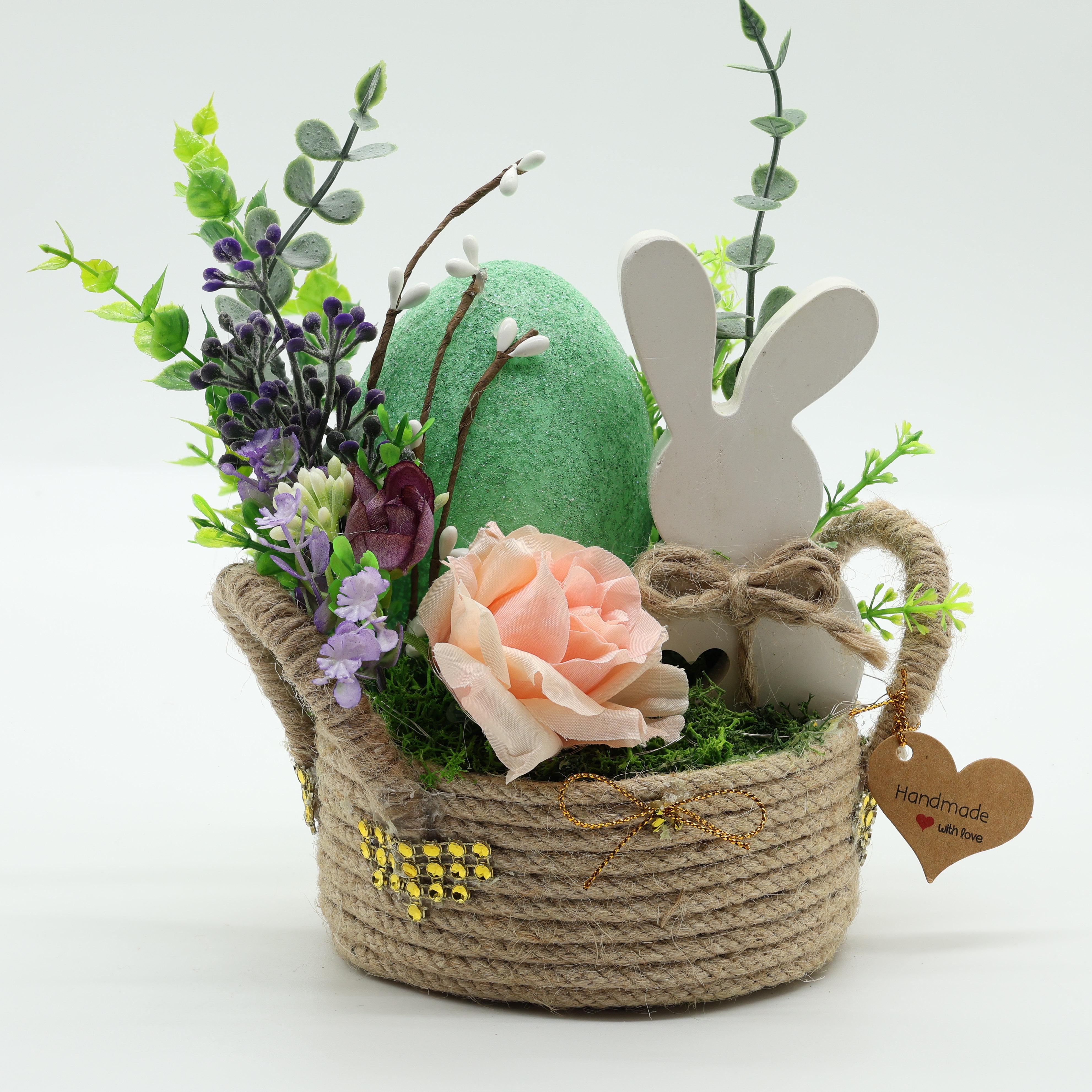 Пасхальная композиция GALA DECOR с зайкой и зеленым пасхальным яйцом в корзине 15х15 см с подсветкой