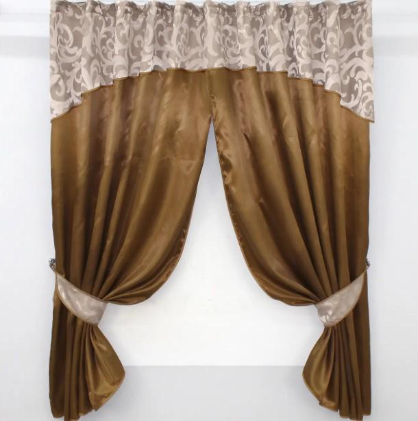 Шторки на кухню/балкон с ламбрекеном 270х170 см Коричневый/Пудровый (073к)