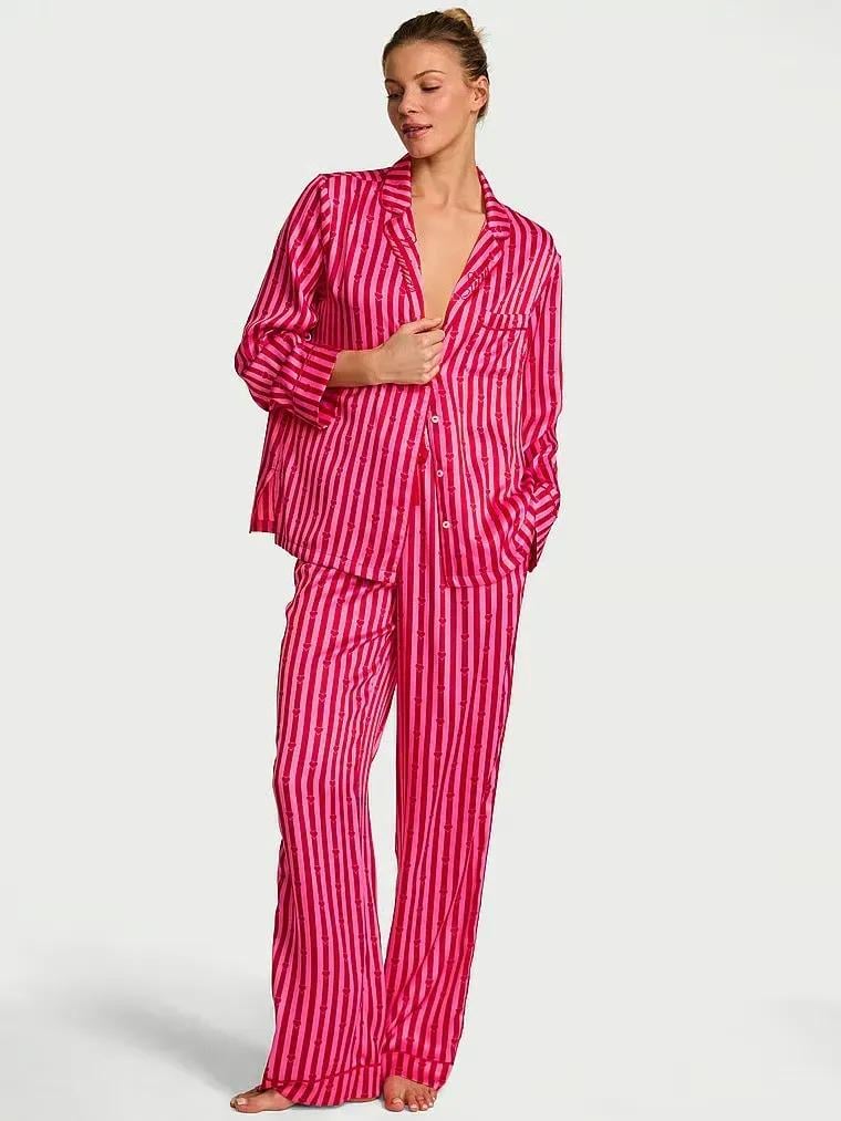 Пижама сатиновая Victoria's Secret Signature Satin Long Pajama Set Regular полоска M Розовый (27254674d)