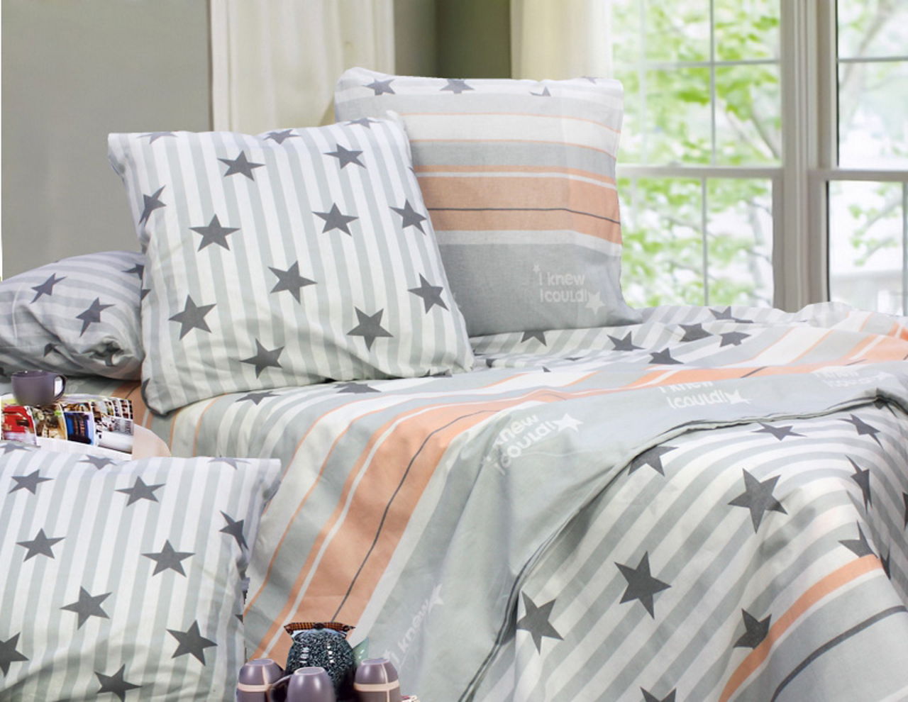 Комплект постельного белья евро Еней-плюс Т0693 Серый/Белый/Оранжевый