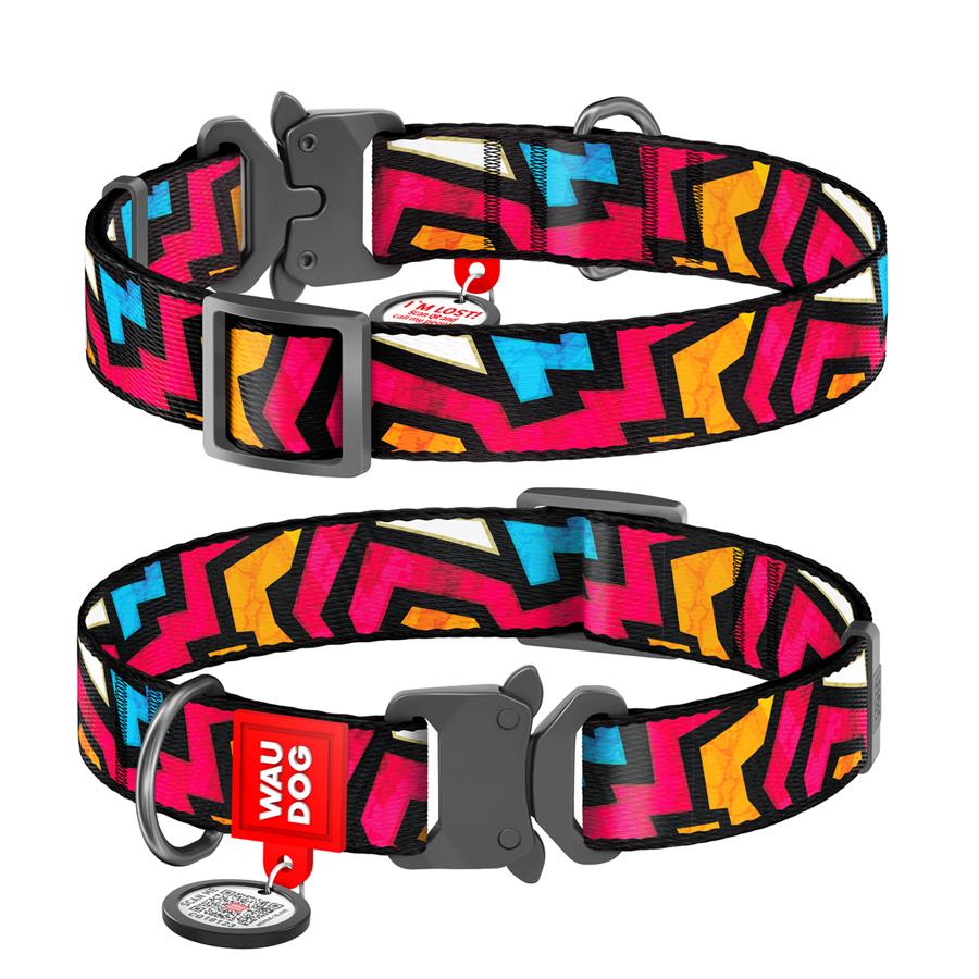 Ошейник для собак с QR-паспортом Waudog Nylon Граффити металлическая пряжка-фастекс 25 мм 33-49 см Разноцветный (5117)