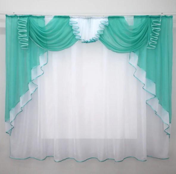 Комплект тюль/ламбрекен на кухню шифон 200х170 см Бирюзовый/Белый (107к) Комплект тюль/ламбрекен на кухню шифон 200х170 см Бирюзовый/Белый (107к)