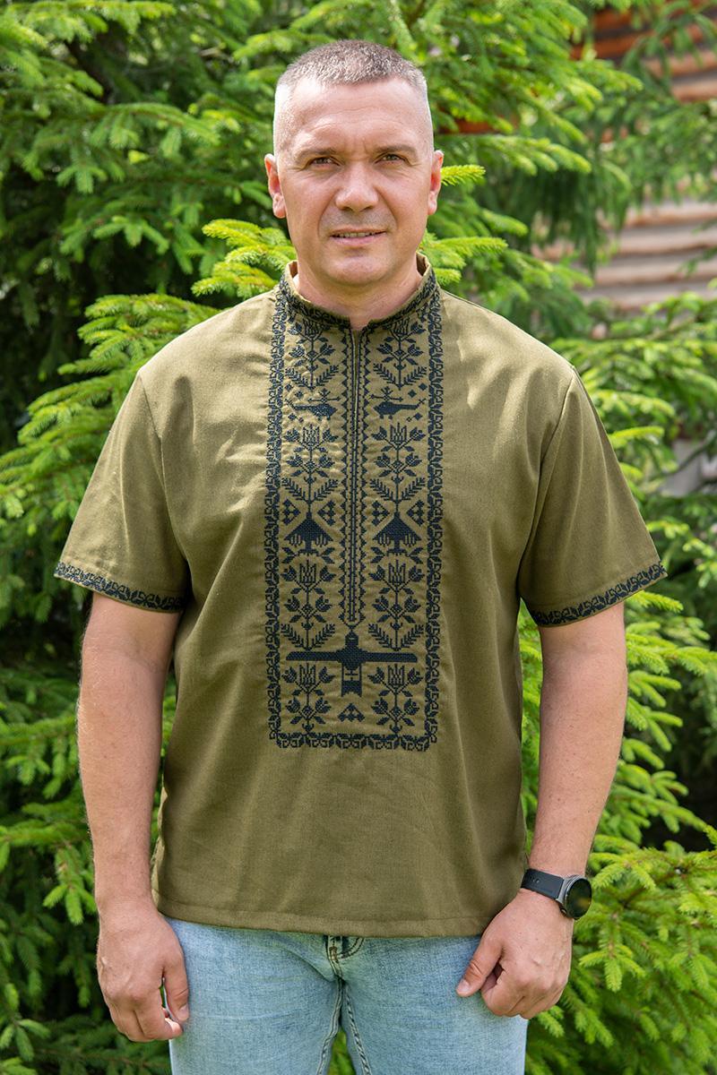 Вышиванка мужская из льна с байрактарами с коротким рукавом 3XL Хаки (2326300234)