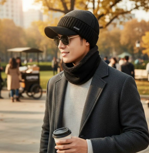 Комплект вязаный мужской шапка-кепка со снудом шерстяной One Size Черный (29548908)