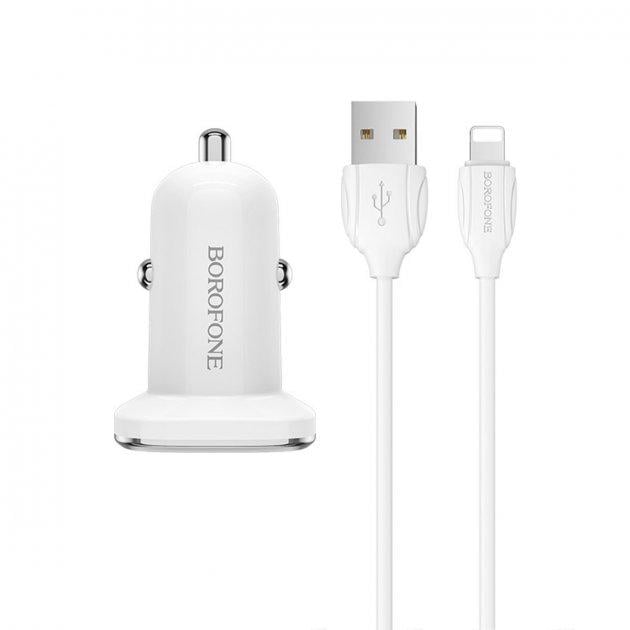 Устройство автомобильное зарядное Borofone BZ12 double port in-car charger и кабель Lightning Белый - фото 3