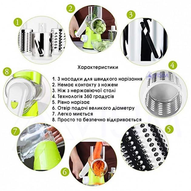 Овощерезка Tabletop Drum Grater Kitchen Master 3 насадки Зелено-белый - фото 2