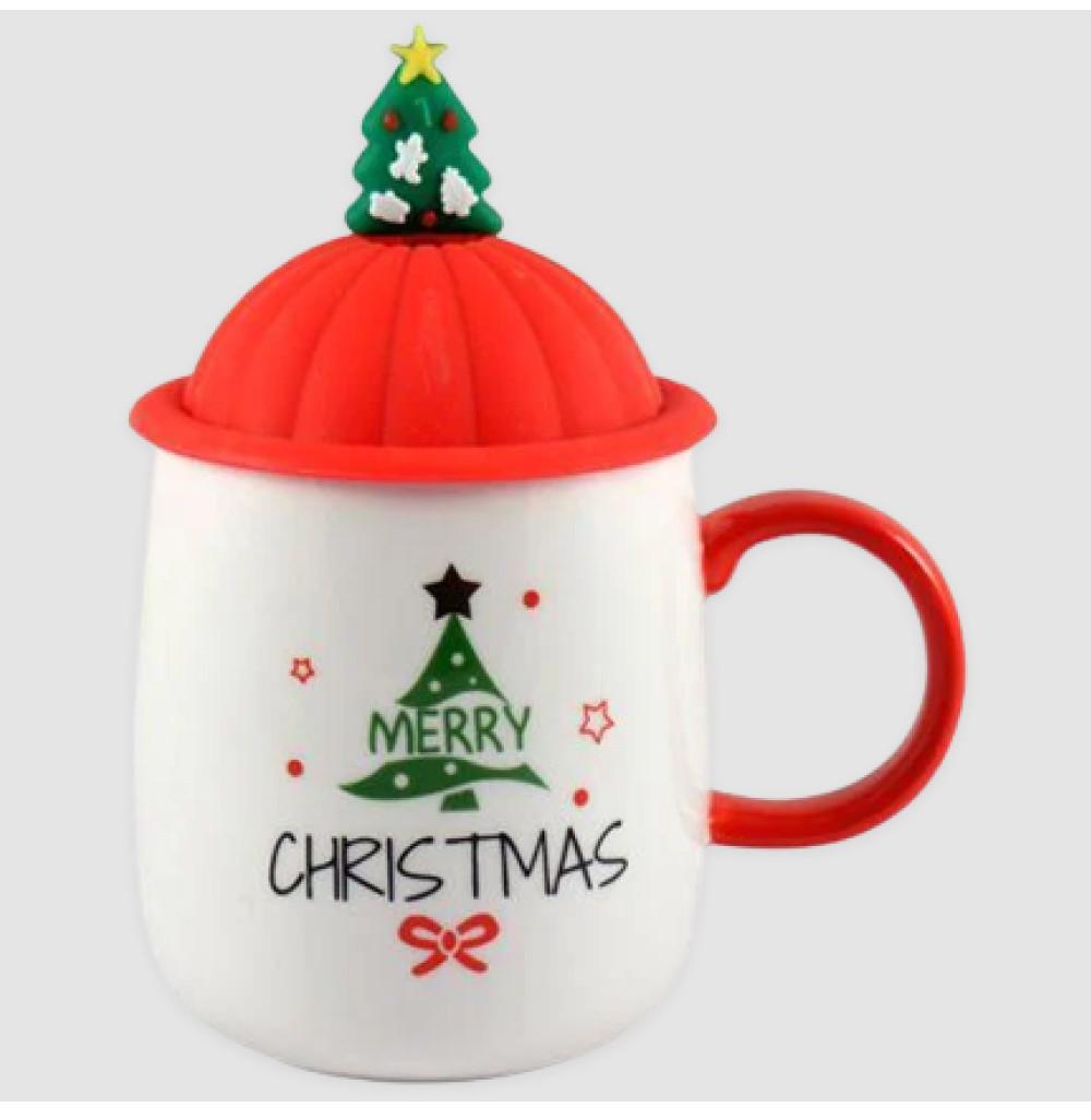 Кружка Елка Рождества с силиконовой крышкой и ложкой 450 мл (21-ялинка-О8030-109)