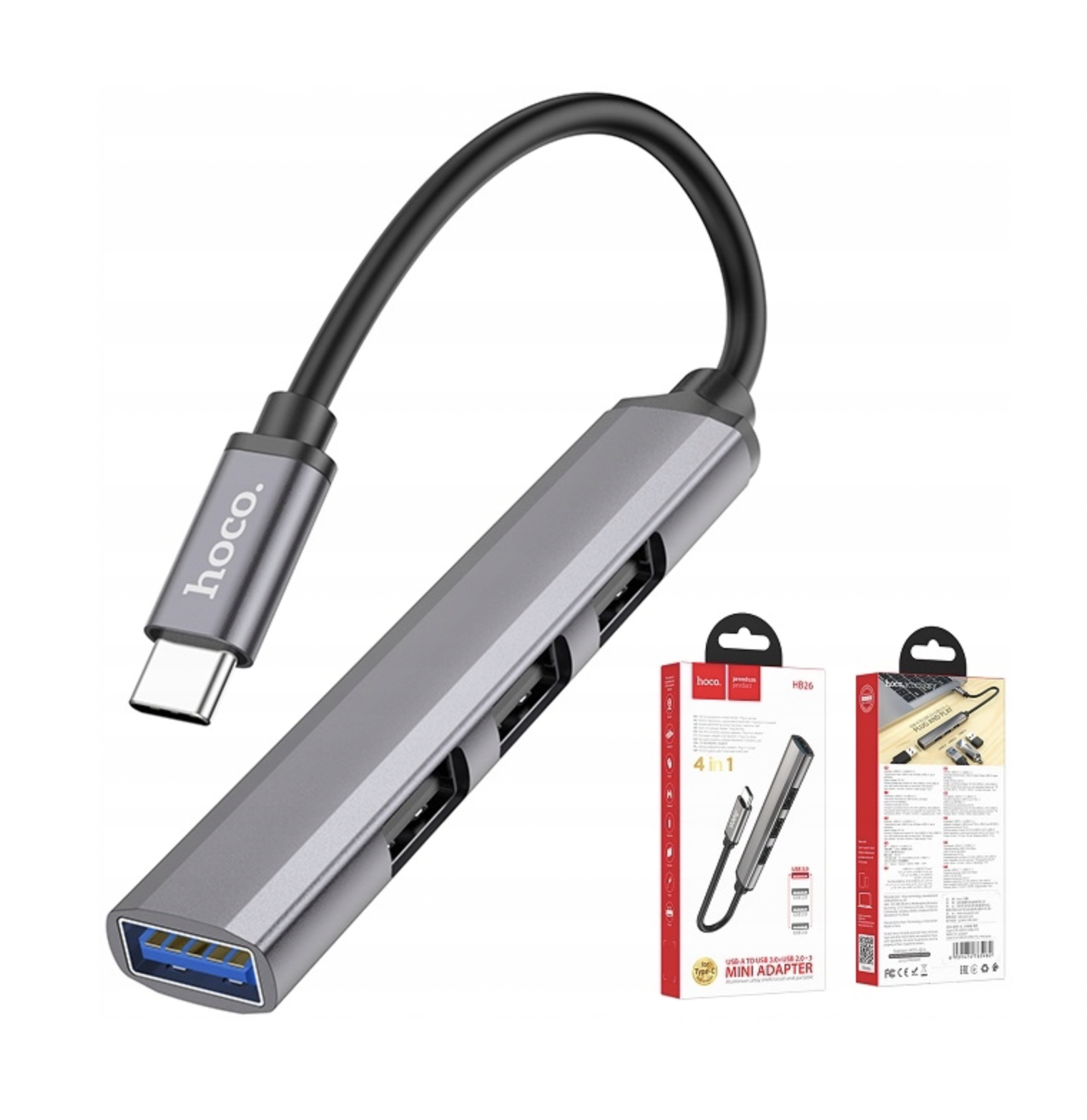 Разветвитель для ноутбука USB Hoco HB26 4в1 Type-C to USB 3,0/USB 2,0х3 Стальной - фото 7