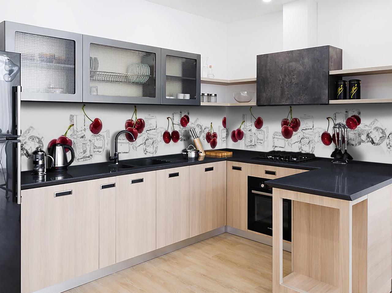 Кухонный фартук Спелые вишни красные ягоды лед из самоклеющейся виниловой пленки 60х250 см Белый