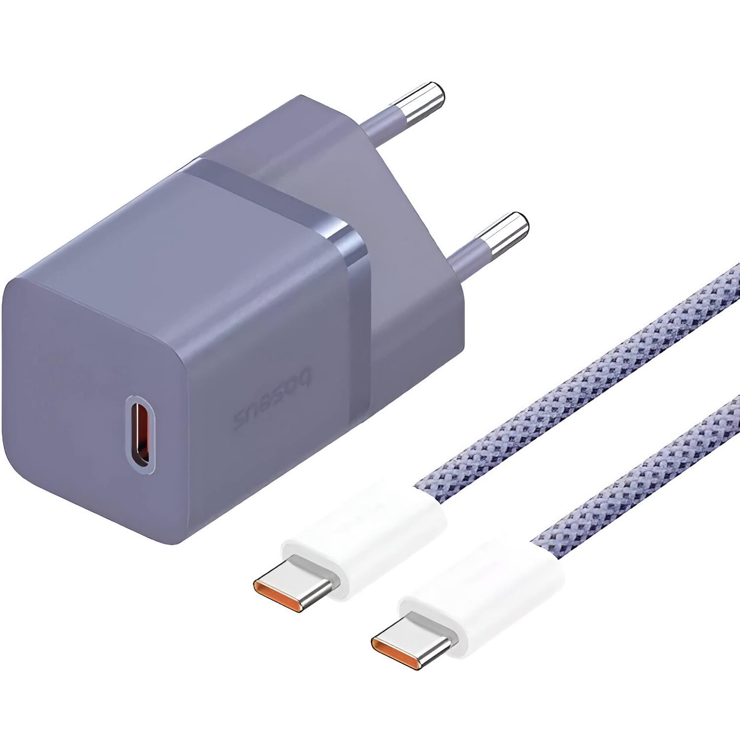 Зарядний пристрій BASEUS GaN5 Fast Charger mini 1C 30W та кабель Type-C to Type-C мережевий 100W 1 м Midnight Purple (P10110902523-00)