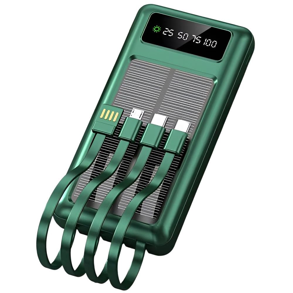 Повербанк Foyu FO-9003 з сонячною батареєю та вбудованими 4 кабелями micro USB-A/Type-C/lightning 20000 mAh Зелений (b36b4f30)