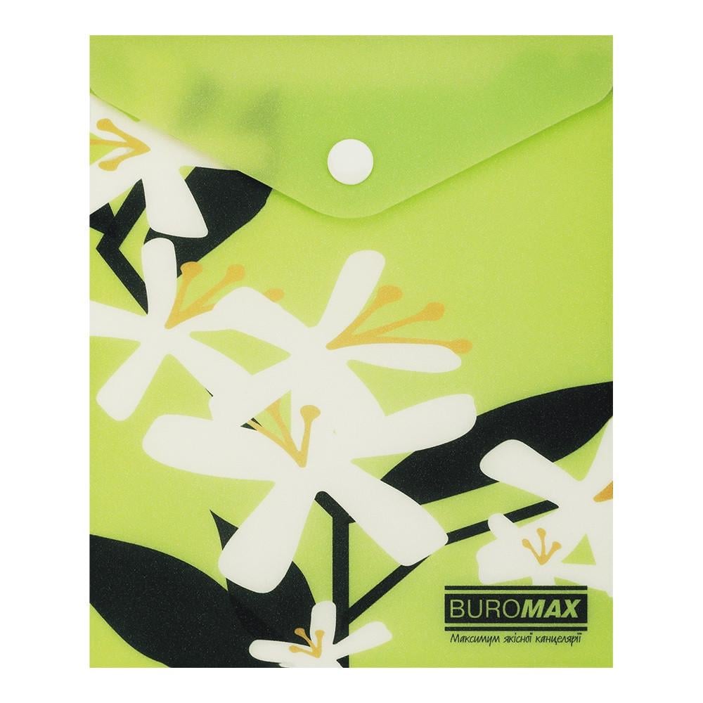 Папка-конверт А6 на кнопке Buromax PLUMERIA ARABESKI BM.3922-15 полупрозрачный матовый пластик Салатовый (4823126816531)