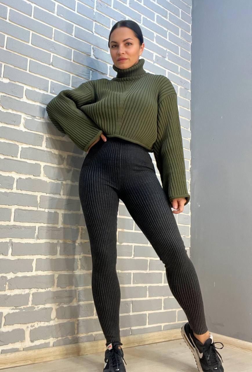 Лосины женские U 166 варенка широкий рубчик плотные теплые высокая талия OS Черный (2939) - фото 3