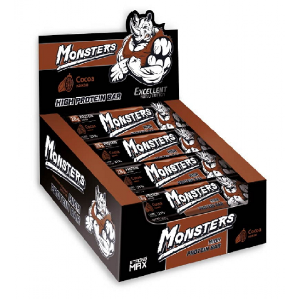 Батончики протеїнові шоколадні Strong Max Monsters Cocoa 80 г х 20 шт.