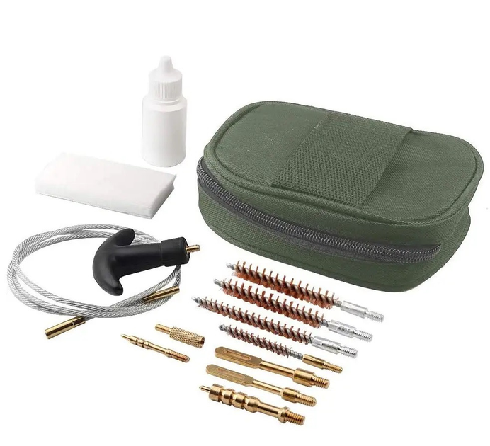 Набір для чищення пістолетів MIL-TEC універсальний для калібрів (9 мм/ 22/ 38/ 357/ 40/ 45) щітка шомпол та флакон у тактичному кейсі на блискавці