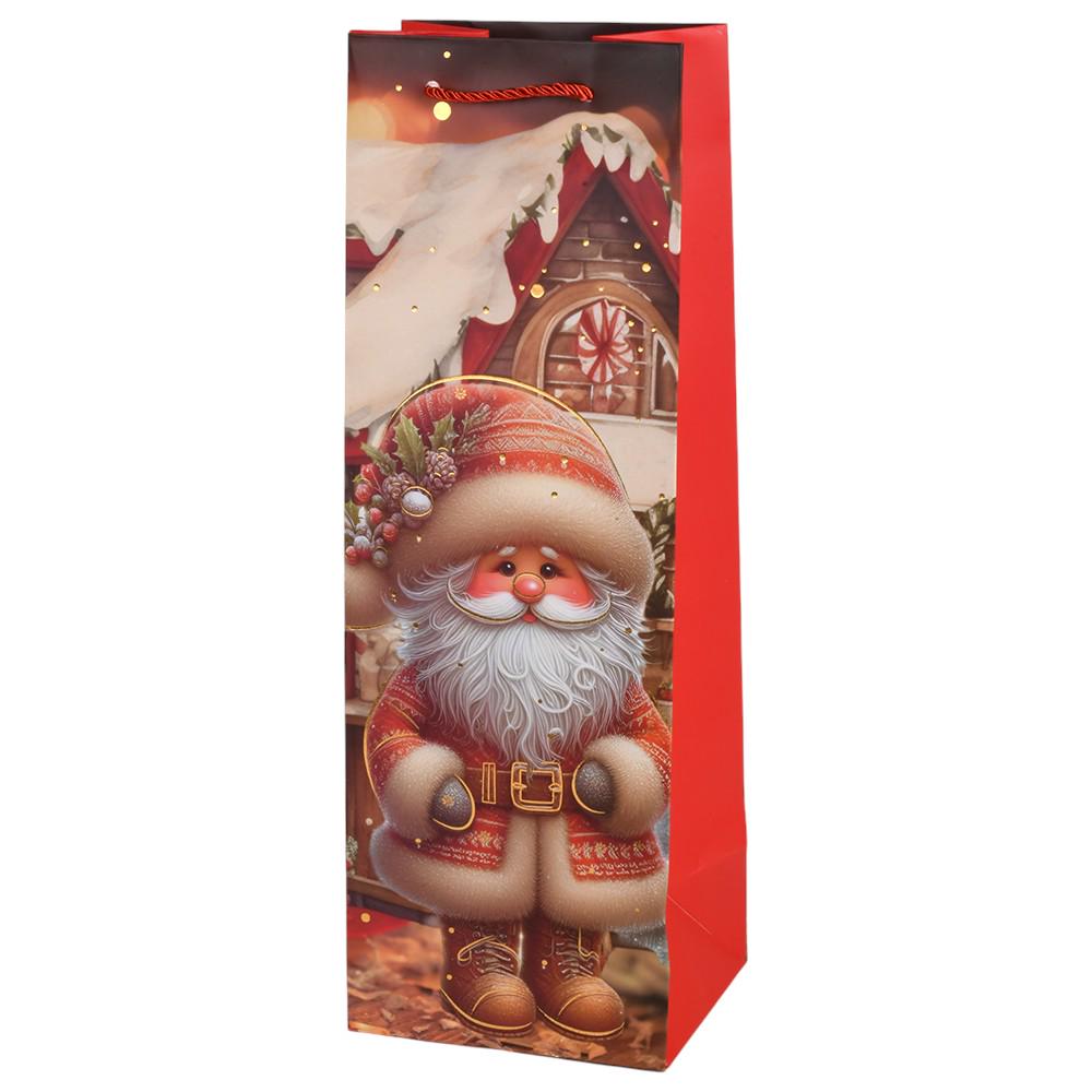 Подарунковий пакет під бутилку Santa R34801 12х10х35 см Червоний з білим/Коричневий (30492742)